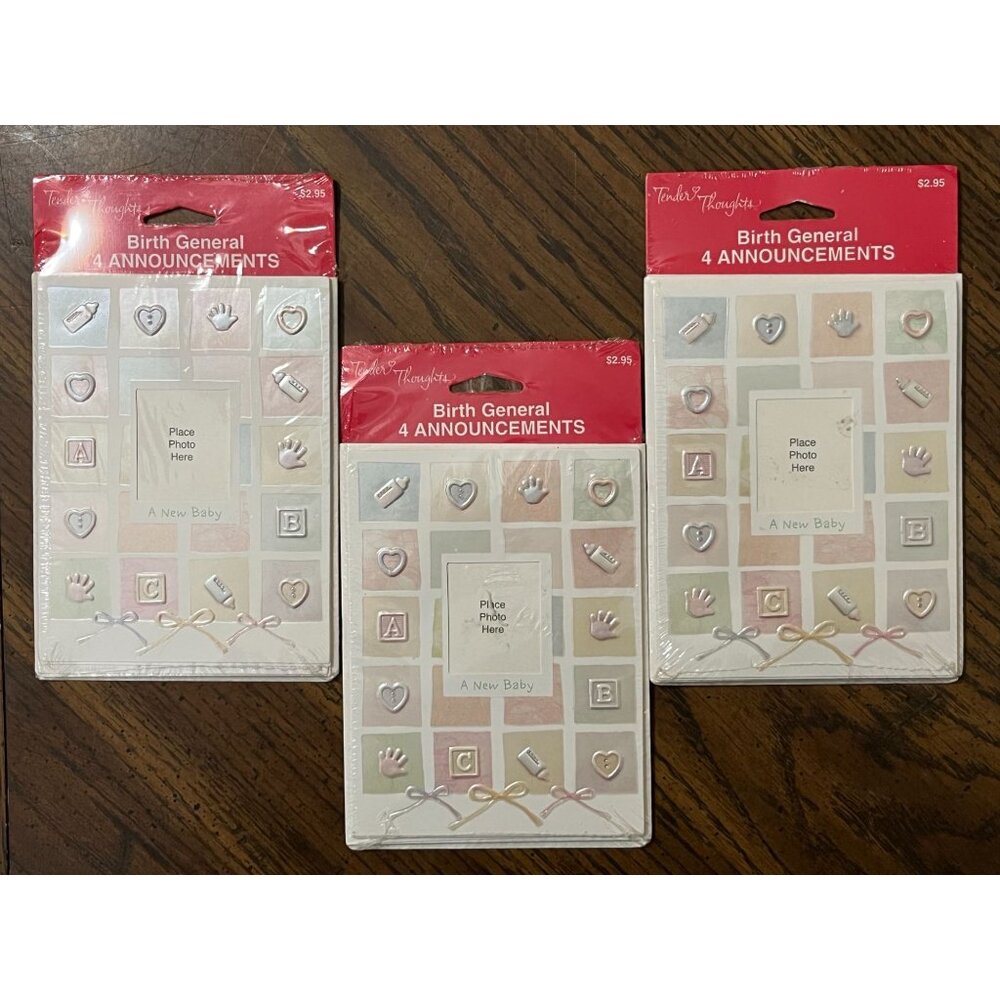 Tender Thoughts Birth Announcement Picture Holder Lot Of 3 = 12 Cards, Envelopes